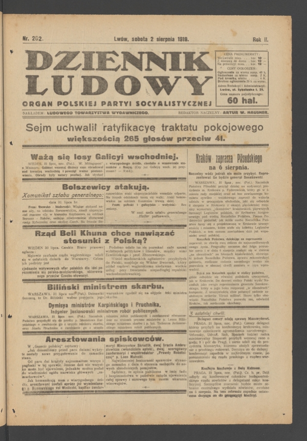 Dziennik Ludowy : organ Polskiej Partyi Socyalistycznej. Rok 2, 1919, numer 202