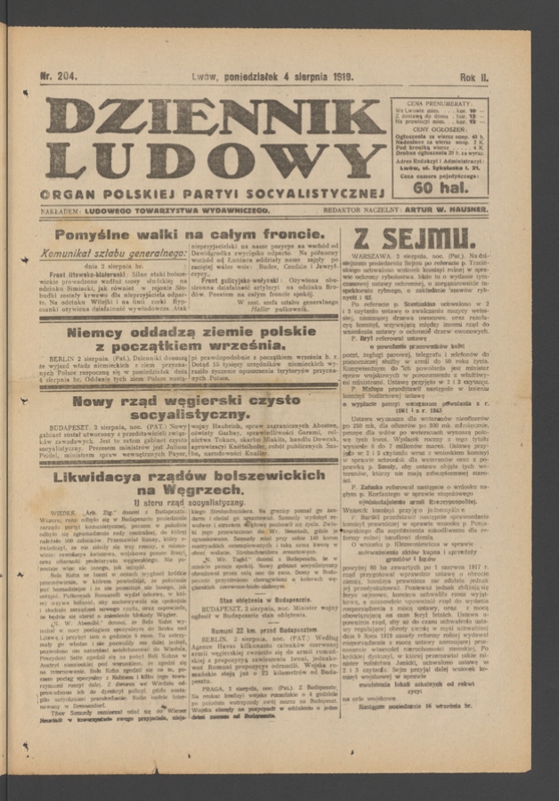 Dziennik Ludowy : organ Polskiej Partyi Socyalistycznej. Rok 2, 1919, numer 204