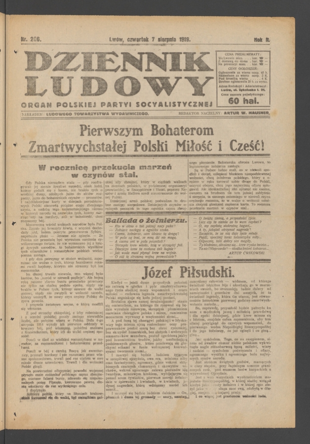 Dziennik Ludowy : organ Polskiej Partyi Socyalistycznej. Rok 2, 1919, numer 206
