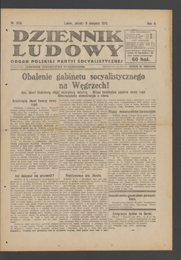 Dziennik Ludowy : organ Polskiej Partyi Socyalistycznej. Rok 2, 1919, numer 208