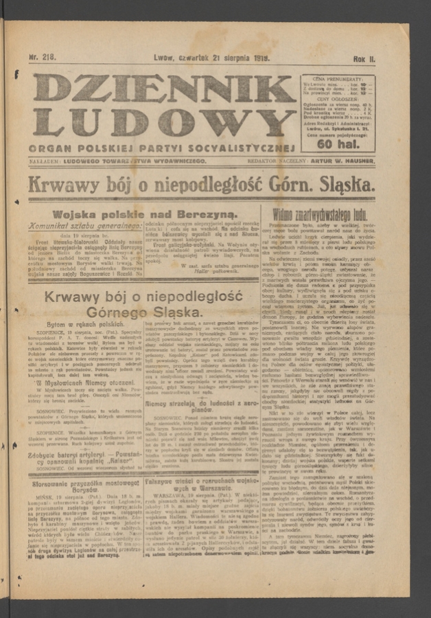 Dziennik Ludowy : organ Polskiej Partyi Socyalistycznej. Rok 2, 1919, numer 218