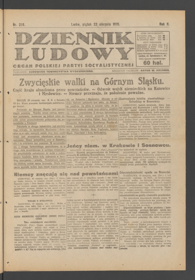 Dziennik Ludowy : organ Polskiej Partyi Socyalistycznej. Rok 2, 1919, numer 219