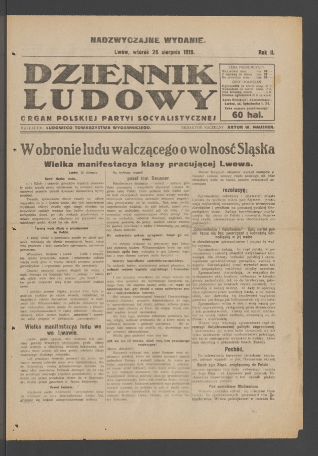 Dziennik Ludowy : organ Polskiej Partyi Socyalistycznej. Rok 2, 1919, nadzwyczajne wydanie: W obronie ludu walczącego o wolność Śląska