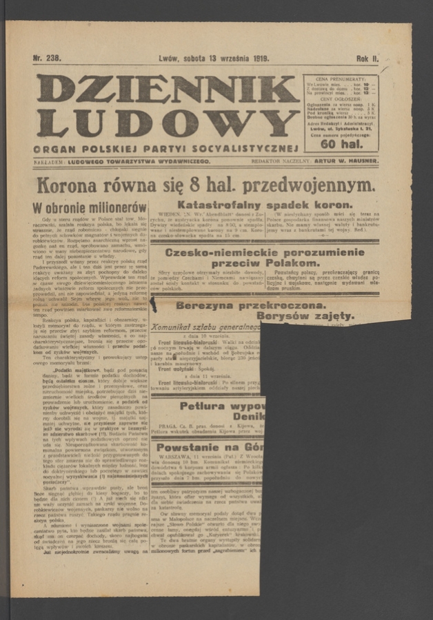 Dziennik Ludowy : organ Polskiej Partyi Socyalistycznej. Rok 2, 1919, numer 238