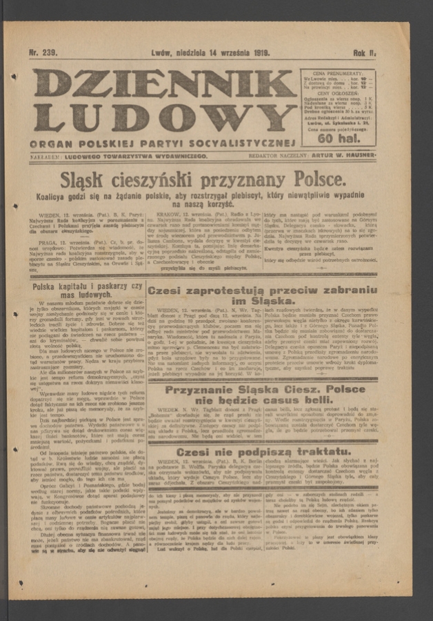 Dziennik Ludowy : organ Polskiej Partyi Socyalistycznej. Rok 2, 1919, numer 239