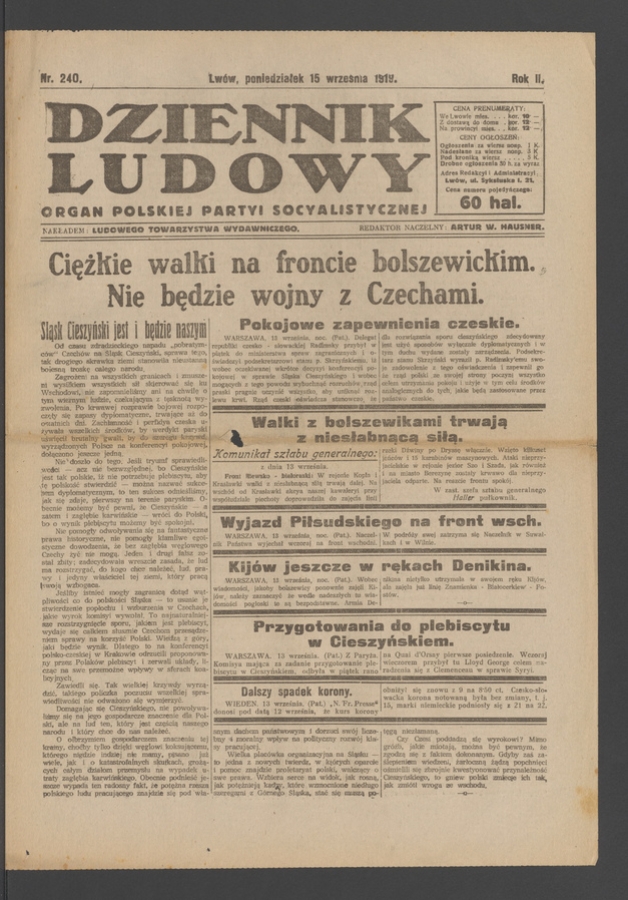 Dziennik Ludowy : organ Polskiej Partyi Socyalistycznej. Rok 2, 1919, numer 240