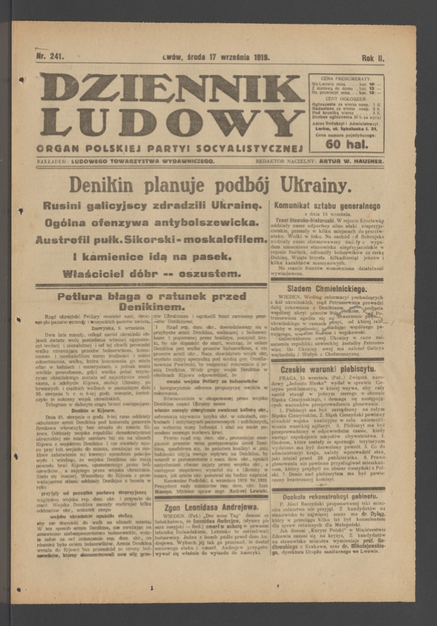 Dziennik Ludowy : organ Polskiej Partyi Socyalistycznej. Rok 2, 1919, numer 241