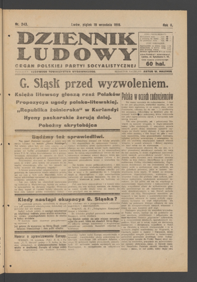 Dziennik Ludowy : organ Polskiej Partyi Socyalistycznej. Rok 2, 1919, numer 243