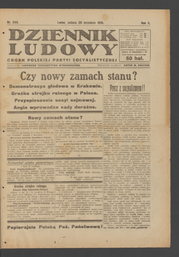 Dziennik Ludowy : organ Polskiej Partyi Socyalistycznej. Rok 2, 1919, numer 244