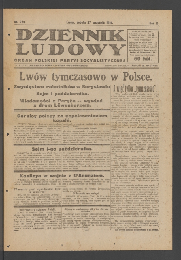 Dziennik Ludowy : organ Polskiej Partyi Socyalistycznej. Rok 2, 1919, numer 250
