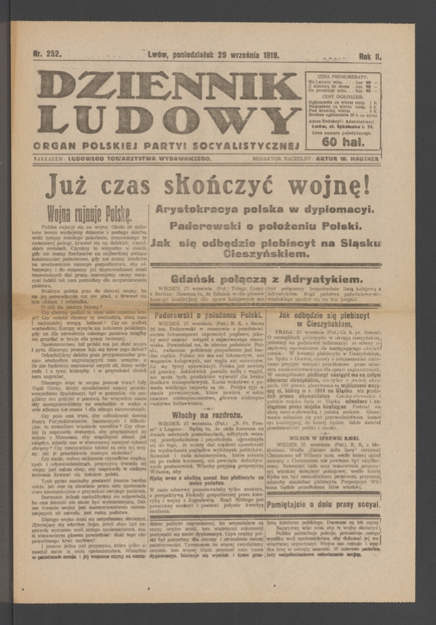 Dziennik Ludowy : organ Polskiej Partyi Socyalistycznej. Rok 2, 1919, numer 252