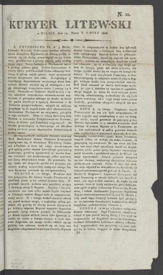 Kuryer Litewski. 1808, numero 22