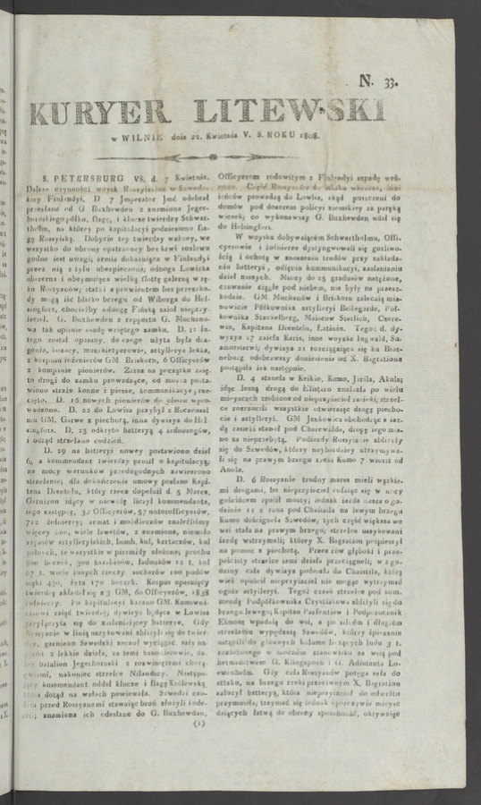 Kuryer Litewski. 1808, numero 33