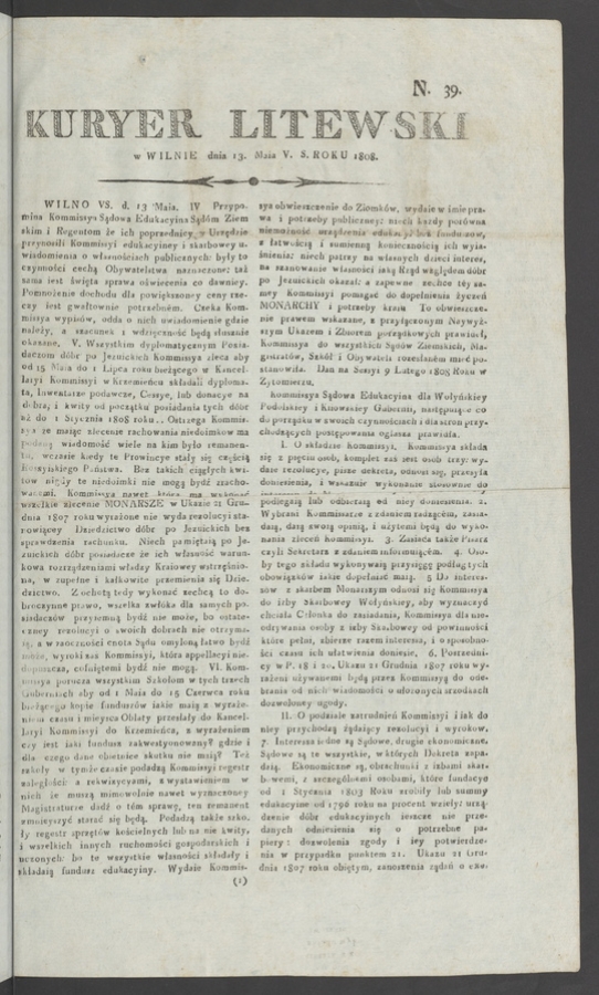 Kuryer Litewski. 1808, numero 39