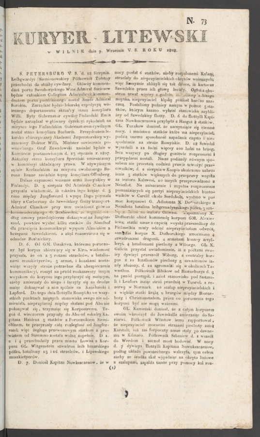 Kuryer Litewski. 1808, numero 73