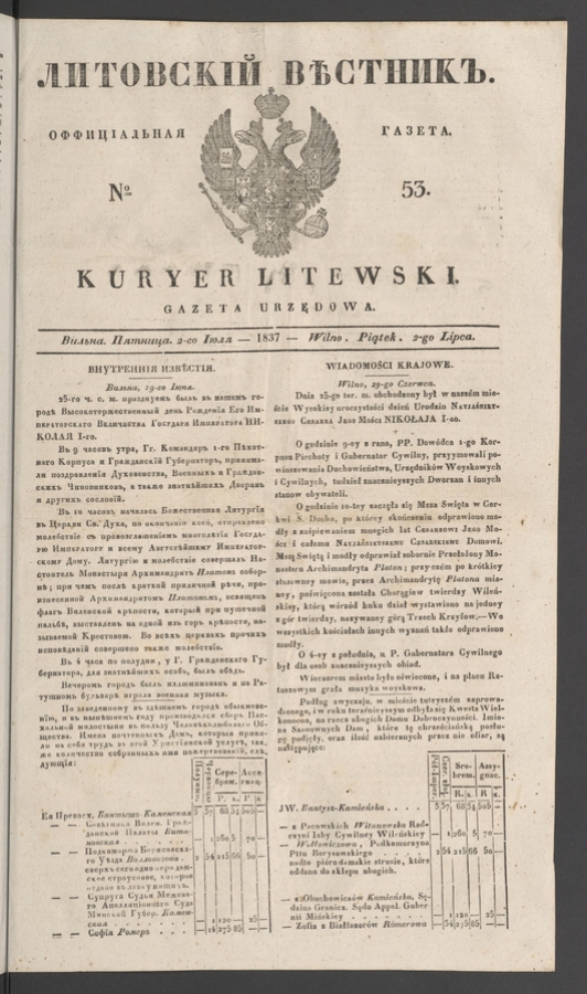 Литовскій Вѣстникъ : оффиціальная газета. 1837, numero 53