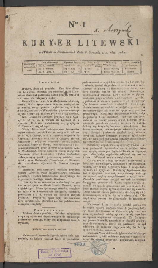 Kuryer Litewski. 1821, numer 1