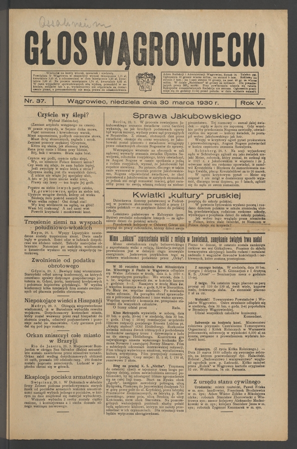 Głos Wągrowiecki. Rok 5, 1930, numer 37