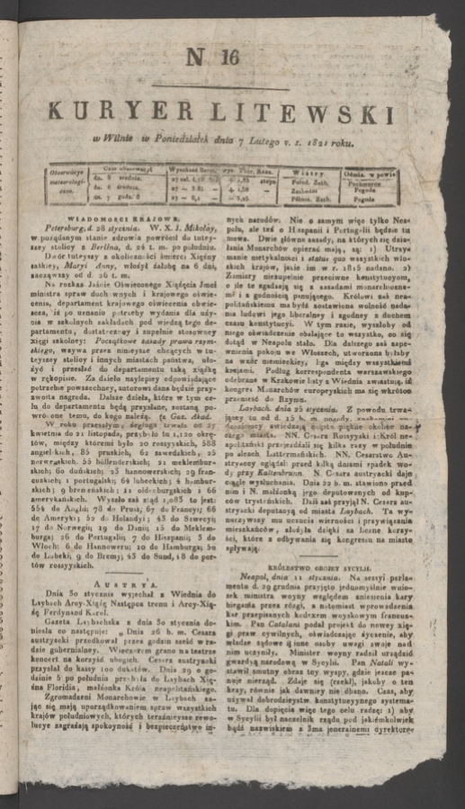 Kuryer Litewski. 1821, numer 16