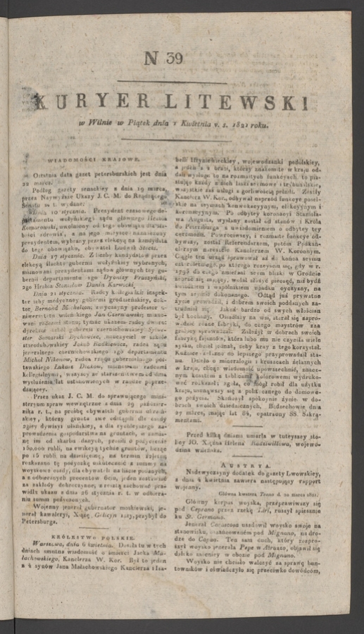 Kuryer Litewski. 1821, numer 39