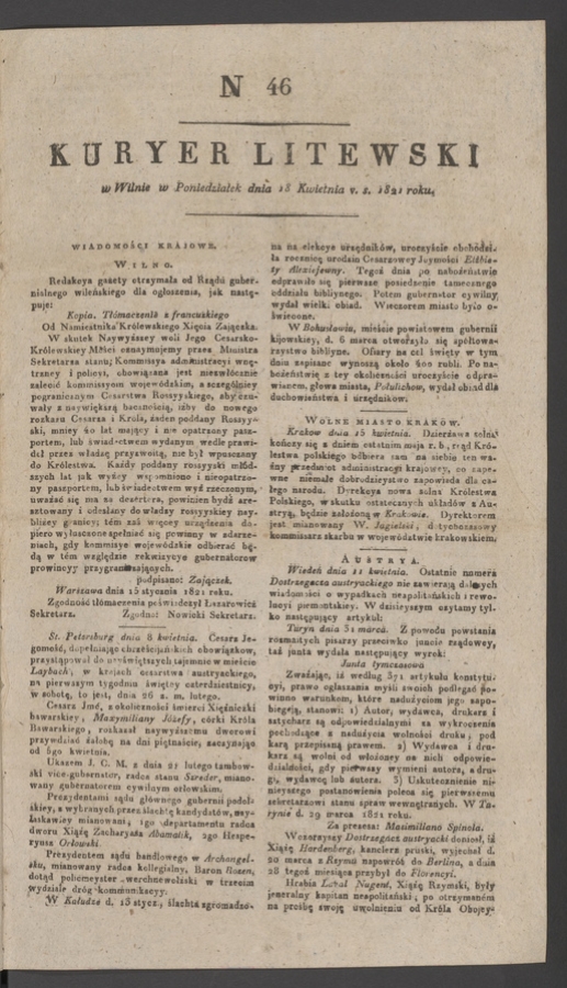 Kuryer Litewski. 1821, numer 46
