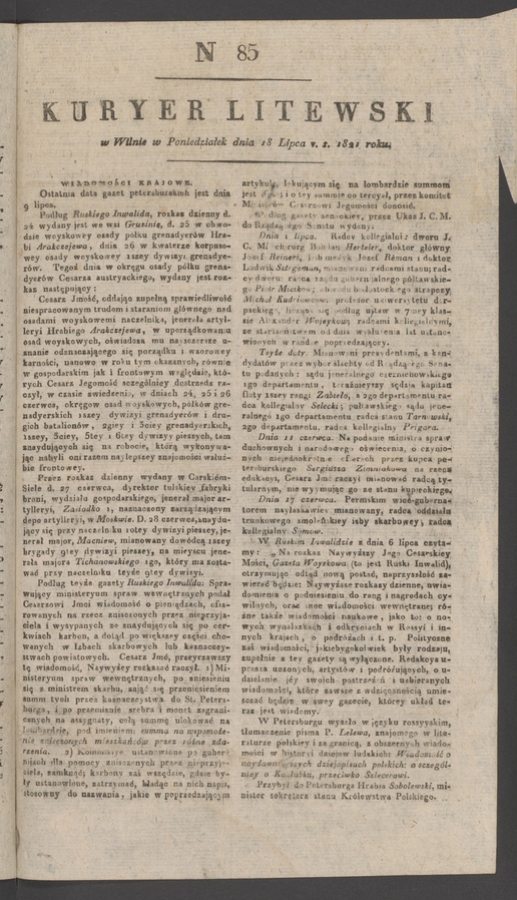 Kuryer Litewski. 1821, numer 85