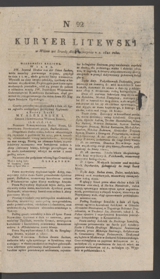 Kuryer Litewski. 1821, numer 92