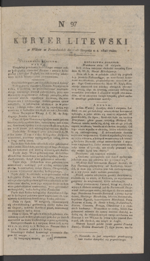 Kuryer Litewski. 1821, numer 97