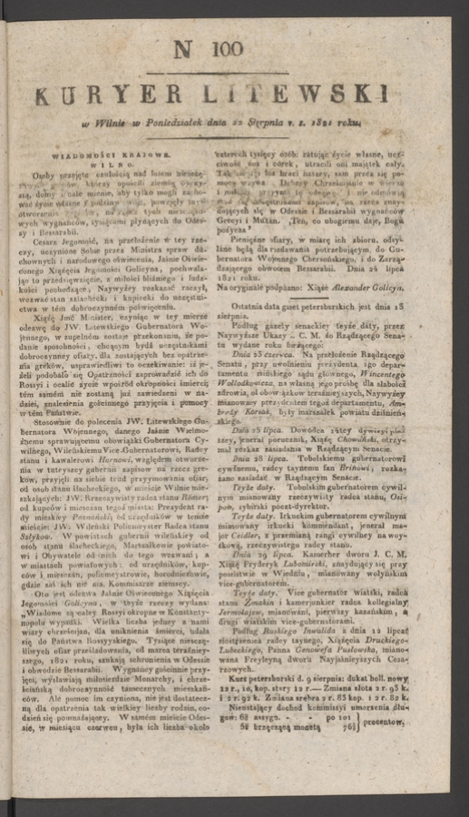 Kuryer Litewski. 1821, numer 100