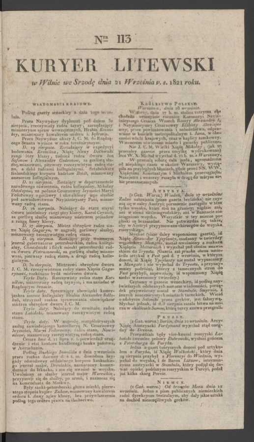 Kuryer Litewski. 1821, numer 113