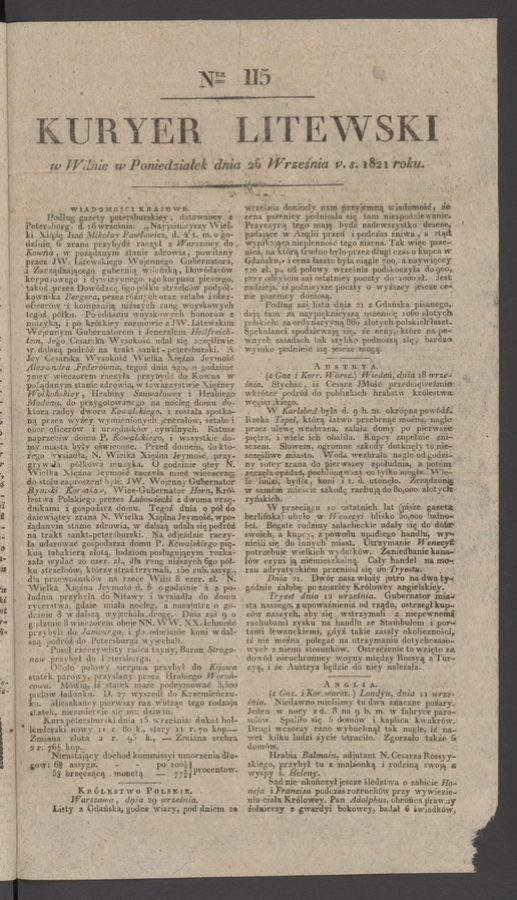 Kuryer Litewski. 1821, numer 115