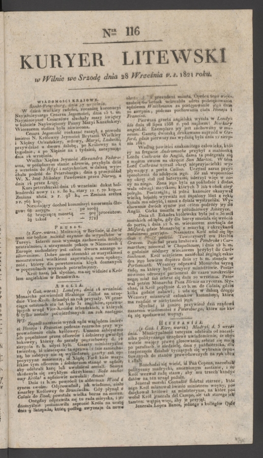 Kuryer Litewski. 1821, numer 116