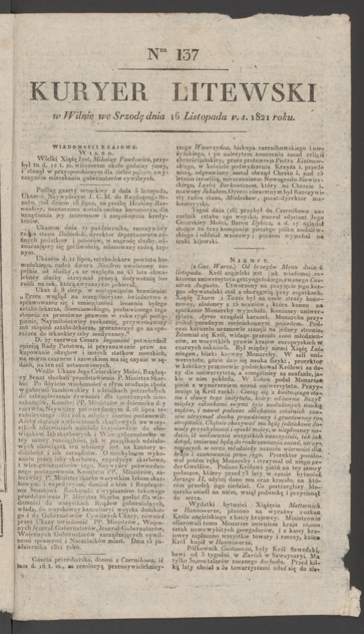 Kuryer Litewski. 1821, numer 137