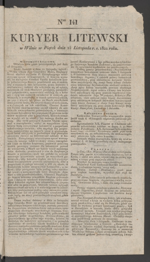 Kuryer Litewski. 1821, numer 141