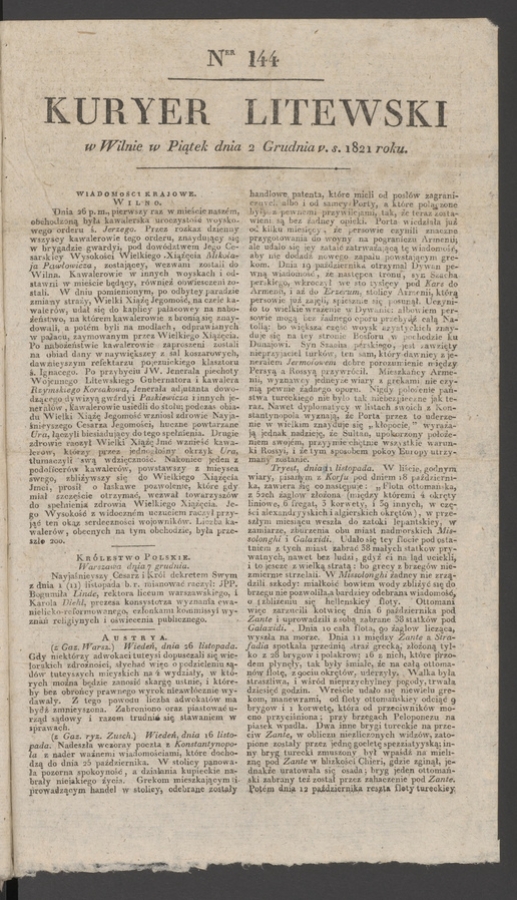 Kuryer Litewski. 1821, numer 144