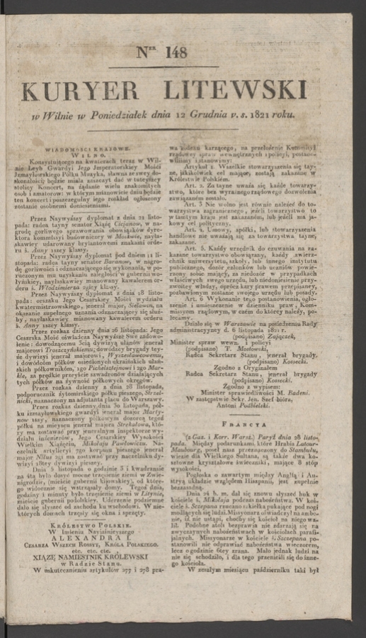 Kuryer Litewski. 1821, numer 148