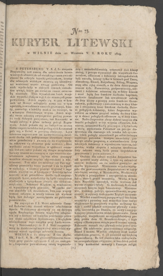Kuryer Litewski. 1809, numero 73