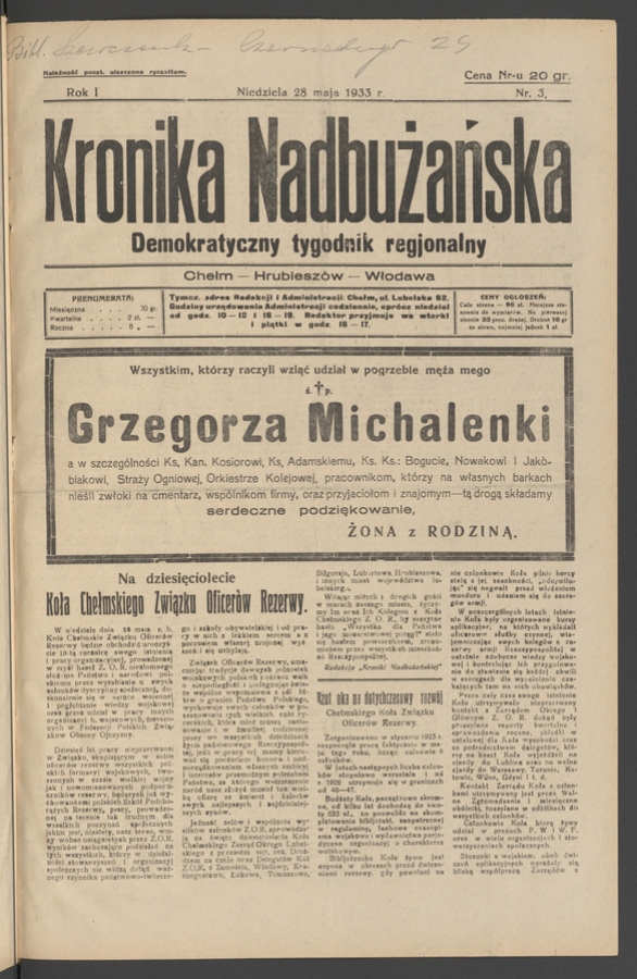 Kronika Nadbużańska : demokratyczny tygodnik regjonalny. Rok 1, 1933, numer 3