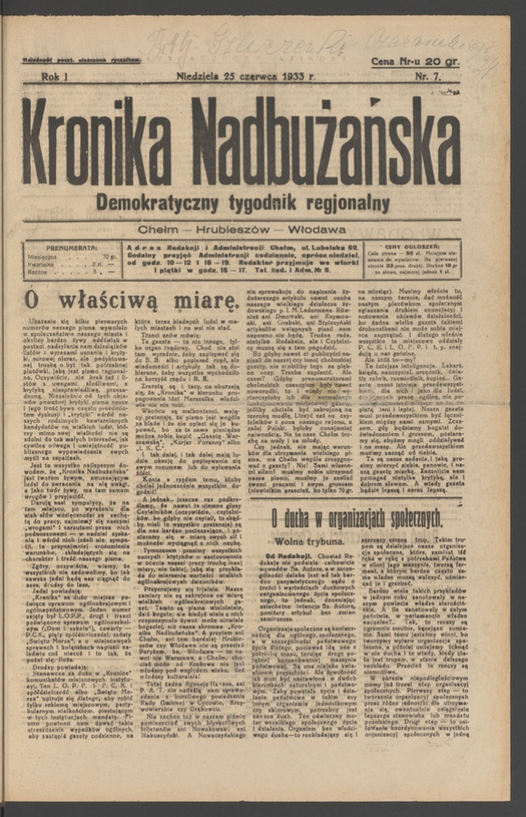 Kronika Nadbużańska : demokratyczny tygodnik regjonalny. Rok 1, 1933, numer 7