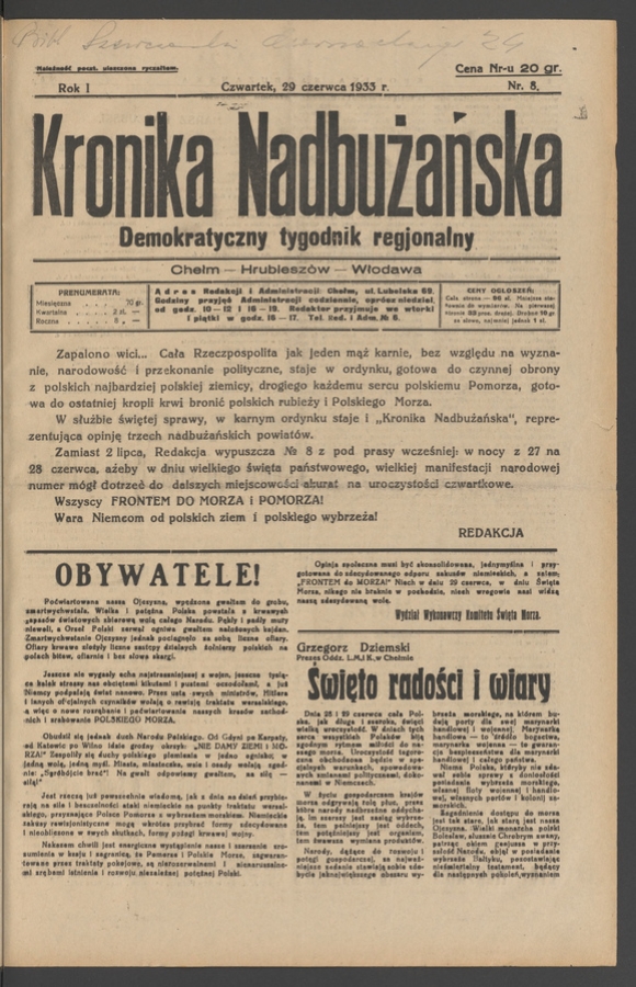 Kronika Nadbużańska : demokratyczny tygodnik regjonalny. Rok 1, 1933, numer 8