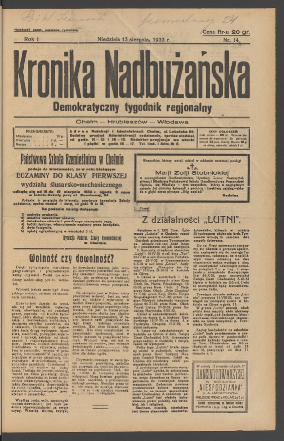 Kronika Nadbużańska : demokratyczny tygodnik regjonalny. Rok 1, 1933, numer 14