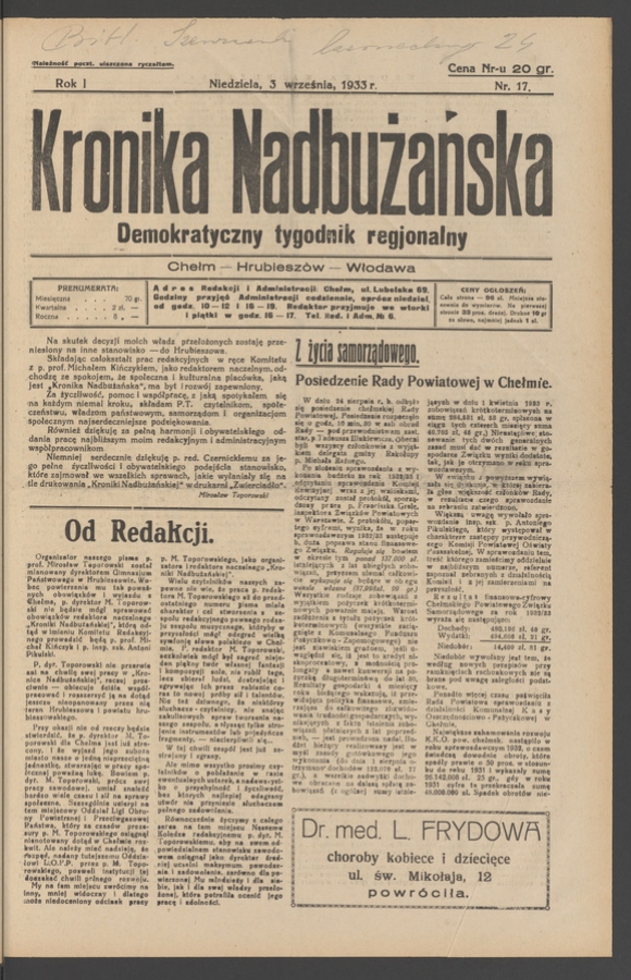 Kronika Nadbużańska : demokratyczny tygodnik regjonalny. Rok 1, 1933, numer 17