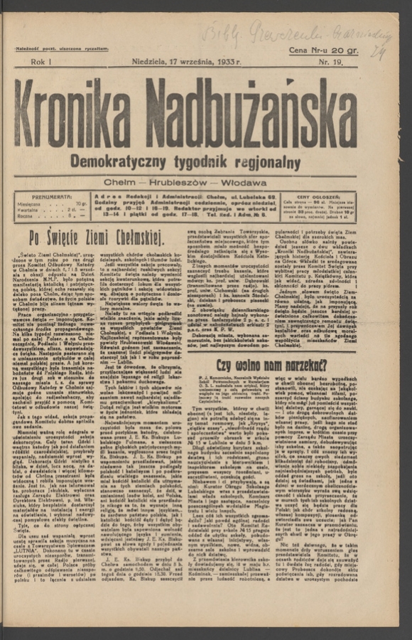 Kronika Nadbużańska : demokratyczny tygodnik regjonalny. Rok 1, 1933, numer 19
