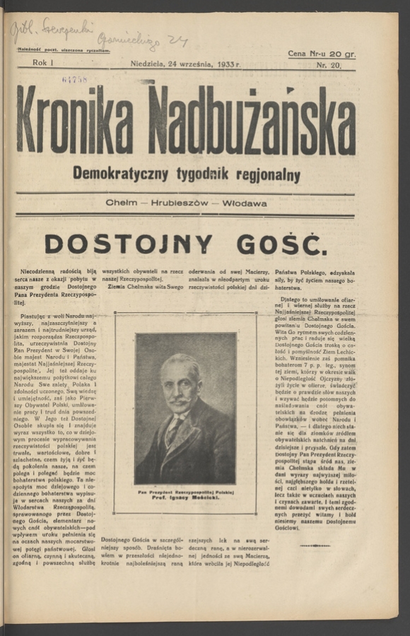 Kronika Nadbużańska : demokratyczny tygodnik regjonalny. Rok 1, 1933, numer 20