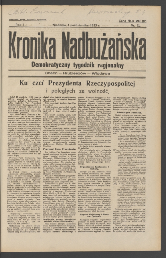Kronika Nadbużańska : demokratyczny tygodnik regjonalny. Rok 1, 1933, numer 21