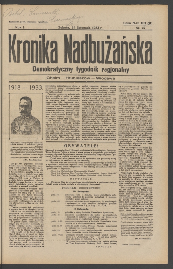 Kronika Nadbużańska : demokratyczny tygodnik regjonalny. Rok 1, 1933, numer 27