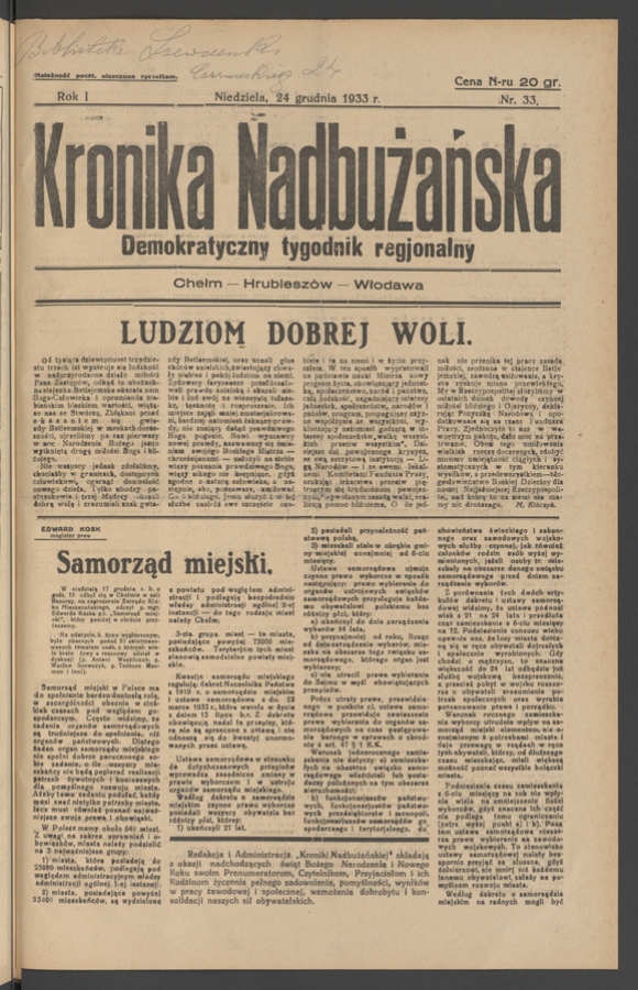 Kronika Nadbużańska : demokratyczny tygodnik regjonalny. Rok 1, 1933, numer 33