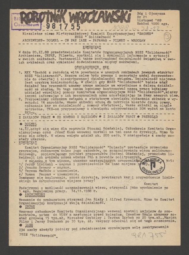 Robotnik Wrocławski : niezależne pismo Międzyzakładowej Komisji Koordynacyjnej Zachód NSZZ „Solidarność” Archimedes, Dolmel, CN PAE IASE, Pafawag, Pilmet. 1988, numer 21
