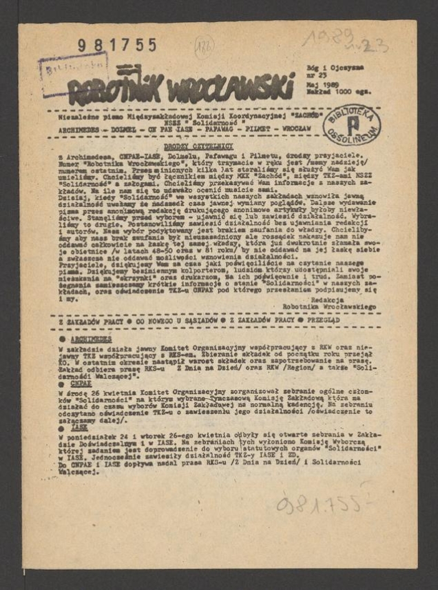 Robotnik Wrocławski : niezależne pismo Międzyzakładowej Komisji Koordynacyjnej Zachód NSZZ „Solidarność” Archimedes, Dolmel, CN PAE IASE, Pafawag, Pilmet. 1989, numer 23