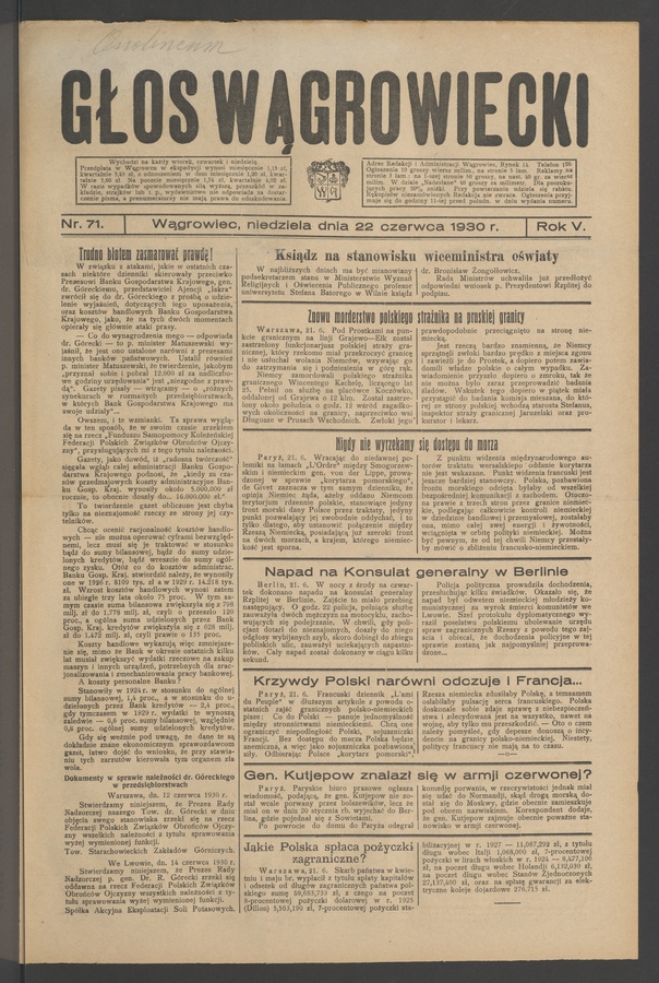 Głos Wągrowiecki. Rok 5, 1930, numer 71
